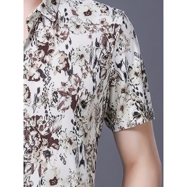 Camisa de manga curta com estampa floral para homem, leve e com botões, com decote quadrado e detalhe de nó, ajuste regular para adultos, roupa casual de verão | Camisa com detalhe de nó | Detalhe de nó