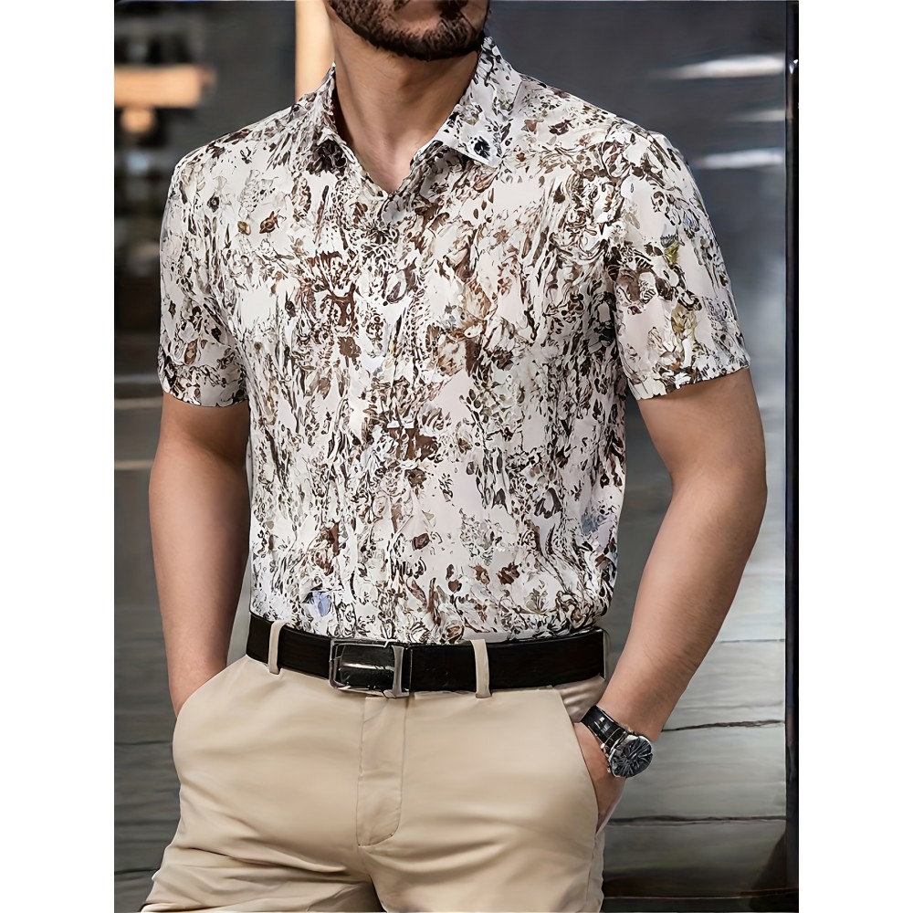 Camisa de manga curta com estampa floral para homem, leve e com botões, com decote quadrado e detalhe de nó, ajuste regular para adultos, roupa casual de verão | Camisa com detalhe de nó | Detalhe de nó