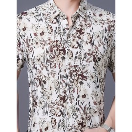 Camisa de manga curta com estampa floral para homem, leve e com botões, com decote quadrado e detalhe de nó, ajuste regular para adultos, roupa casual de verão | Camisa com detalhe de nó | Detalhe de nó