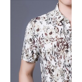 Camisa de manga curta com estampa floral para homem, leve e com botões, com decote quadrado e detalhe de nó, ajuste regular para adultos, roupa casual de verão | Camisa com detalhe de nó | Detalhe de nó