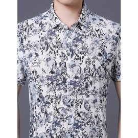 Camisa de manga curta com estampa floral para homem, leve e com botões, com decote quadrado e detalhe de nó, ajuste regular para adultos, roupa casual de verão | Camisa com detalhe de nó | Detalhe de nó