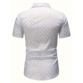 Camisa Casual Masculina de Manga Curta - Estampa Total, Mistura de Poliéster Respirável, Lavável à Máquina, Detalhes Clássicos em Gola e Punhos, Camisa Leve para o Verão, Aparência Elegante, Tecido Não Elástico