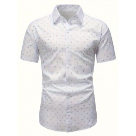 Camisa Casual Masculina de Manga Curta - Estampa Total, Mistura de Poliéster Respirável, Lavável à Máquina, Detalhes Clássicos em Gola e Punhos, Camisa Leve para o Verão, Aparência Elegante, Tecido Não Elástico