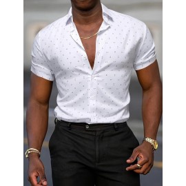 Camisa Casual Masculina de Manga Curta - Estampa Total, Mistura de Poliéster Respirável, Lavável à Máquina, Detalhes Clássicos em Gola e Punhos, Camisa Leve para o Verão, Aparência Elegante, Tecido Não Elástico