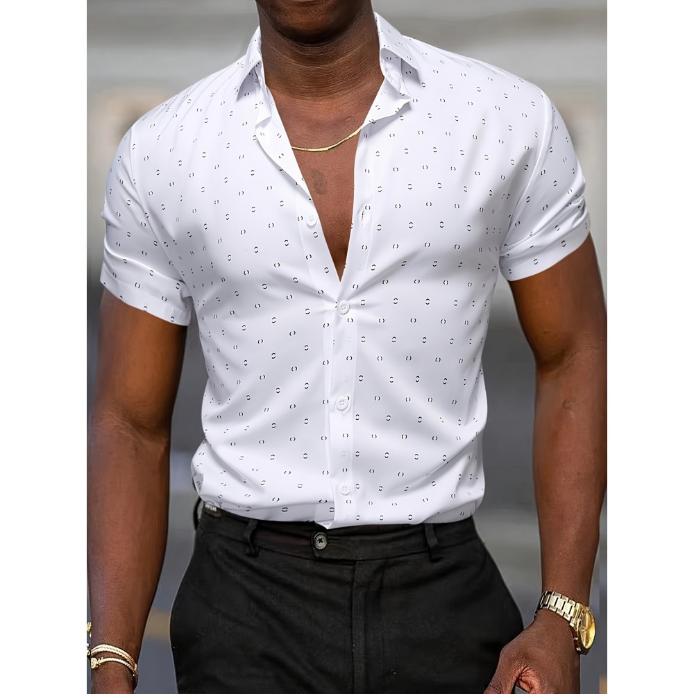 Camisa Casual Masculina de Manga Curta - Estampa Total, Mistura de Poliéster Respirável, Lavável à Máquina, Detalhes Clássicos em Gola e Punhos, Camisa Leve para o Verão, Aparência Elegante, Tecido Não Elástico