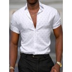 Camisa Casual Masculina de Manga Curta - Estampa Total, Mistura de Poliéster Respirável, Lavável à Máquina, Detalhes Clássicos em Gola e Punhos, Camisa Leve para o Verão, Aparência Elegante, Tecido Não Elástico