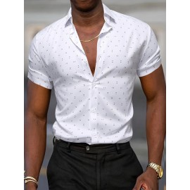 Camisa Casual Masculina de Manga Curta - Estampa Total, Mistura de Poliéster Respirável, Lavável à Máquina, Detalhes Clássicos em Gola e Punhos, Camisa Leve para o Verão, Aparência Elegante, Tecido Não Elástico