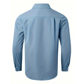 Camisa Casual Masculina de Manga Longa Sem Rugas, Leve e Estilosa com Bolsos em Cor Sólida