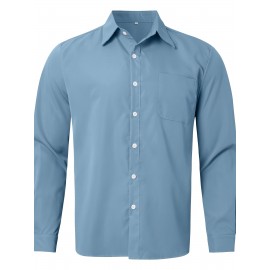 Camisa Casual Masculina de Manga Longa Sem Rugas, Leve e Estilosa com Bolsos em Cor Sólida