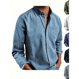 Camisa Casual Masculina de Manga Longa Sem Rugas, Leve e Estilosa com Bolsos em Cor Sólida