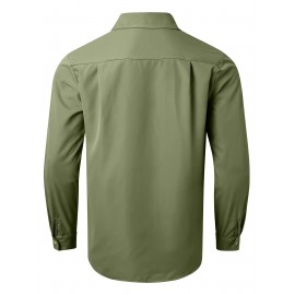 Camisa Casual Masculina de Manga Longa Sem Rugas, Leve e Estilosa com Bolsos em Cor Sólida