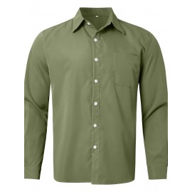Camisa Casual Masculina de Manga Longa Sem Rugas, Leve e Estilosa com Bolsos em Cor Sólida