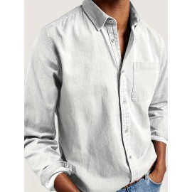 Camisa Casual Masculina de Manga Longa Sem Rugas, Leve e Estilosa com Bolsos em Cor Sólida
