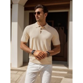 3 peças de camisas polo de malha listrada para homem - Elegantes tops de manga curta com botões e gola clássica, respiráveis e confortáveis para uso casual ou elegante, roupa masculina versátil, design elegante, textura suave