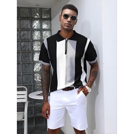 Camisa polo de manga curta com bloco de cores elegantes para homem, ideal para desportos ao ar livre como golfe e ténis, com gola levantada.