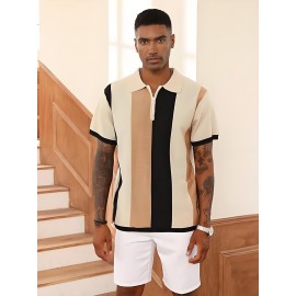 Camisa polo de manga curta com bloco de cores elegantes para homem, ideal para desportos ao ar livre como golfe e ténis, com gola levantada.