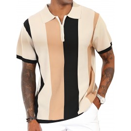 Camisa polo de manga curta com bloco de cores elegantes para homem, ideal para desportos ao ar livre como golfe e ténis, com gola levantada.