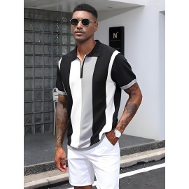 Camisa polo de manga curta com bloco de cores elegantes para homem, ideal para desportos ao ar livre como golfe e ténis, com gola levantada.