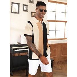 Camisa polo de manga curta com bloco de cores elegantes para homem, ideal para desportos ao ar livre como golfe e ténis, com gola levantada.