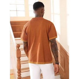 Camisa polo de manga curta com bloco de cores elegantes para homem, ideal para desportos ao ar livre como golfe e ténis, com gola levantada.