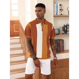 Camisa polo de manga curta com bloco de cores elegantes para homem, ideal para desportos ao ar livre como golfe e ténis, com gola levantada.