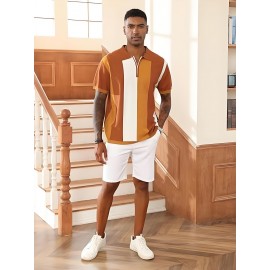 Camisa polo de manga curta com bloco de cores elegantes para homem, ideal para desportos ao ar livre como golfe e ténis, com gola levantada.