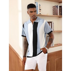 Camisa polo de manga curta com bloco de cores elegantes para homem, ideal para desportos ao ar livre como golfe e ténis, com gola levantada.