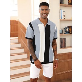 Camisa polo de manga curta com bloco de cores elegantes para homem, ideal para desportos ao ar livre como golfe e ténis, com gola levantada.