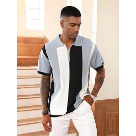 Camisa polo de manga curta com bloco de cores elegantes para homem, ideal para desportos ao ar livre como golfe e ténis, com gola levantada.