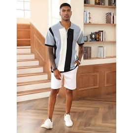Camisa polo de manga curta com bloco de cores elegantes para homem, ideal para desportos ao ar livre como golfe e ténis, com gola levantada.