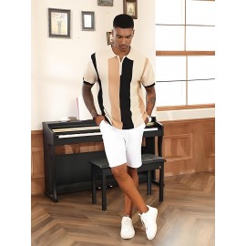 Camisa polo de manga curta com bloco de cores elegantes para homem, ideal para desportos ao ar livre como golfe e ténis, com gola levantada.