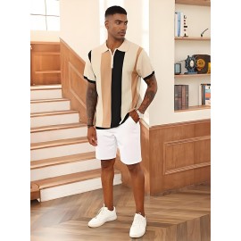 Camisa polo de manga curta com bloco de cores elegantes para homem, ideal para desportos ao ar livre como golfe e ténis, com gola levantada.