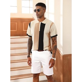 Camisa polo de manga curta com bloco de cores elegantes para homem, ideal para desportos ao ar livre como golfe e ténis, com gola levantada.