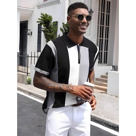 Camisa polo de manga curta com bloco de cores elegantes para homem, ideal para desportos ao ar livre como golfe e ténis, com gola levantada.