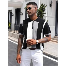 Camisa polo de manga curta com bloco de cores elegantes para homem, ideal para desportos ao ar livre como golfe e ténis, com gola levantada.