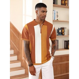 Camisa polo de manga curta com bloco de cores elegantes para homem, ideal para desportos ao ar livre como golfe e ténis, com gola levantada.