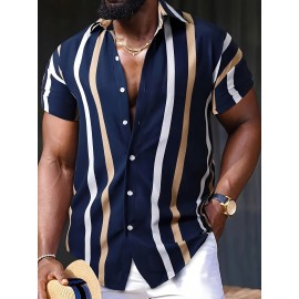 Camisa Masculina com Estampa de Listras Boêmias e Manga Curta - Ajuste Relaxado Respirável com Botões no Colarinho, Lavável à Máquina para Atividades ao Ar Livre e Uso Diário, Tecido Não Elástico