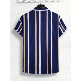 Camisa Masculina com Estampa de Listras Boêmias e Manga Curta - Ajuste Relaxado Respirável com Botões no Colarinho, Lavável à Máquina para Atividades ao Ar Livre e Uso Diário, Tecido Não Elástico
