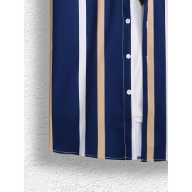 Camisa Masculina com Estampa de Listras Boêmias e Manga Curta - Ajuste Relaxado Respirável com Botões no Colarinho, Lavável à Máquina para Atividades ao Ar Livre e Uso Diário, Tecido Não Elástico