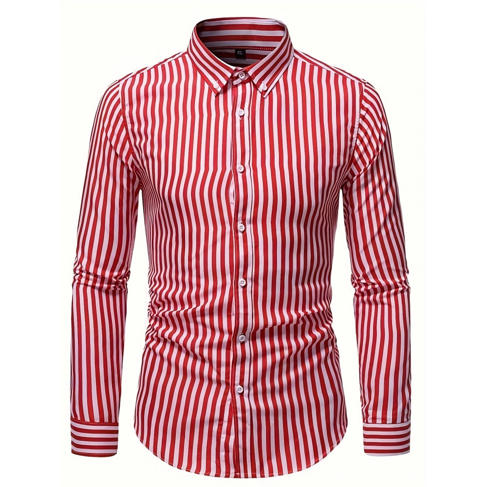 Camisa Masculina Casual Estilo Britânico Slim Fit de Manga Longa - Listras Verticais Azul e Branco com Gola Quadrada, Botões e Barra em V para Uso Externo & Casual em Todas as Estações, Tecido Não Elástico