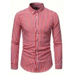 Camisa Masculina Casual Estilo Britânico Slim Fit de Manga Longa - Listras Verticais Azul e Branco com Gola Quadrada, Botões e Barra em V para Uso Externo & Casual em Todas as Estações, Tecido Não Elástico