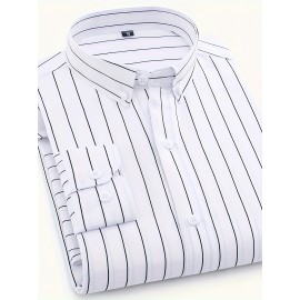 Camisa Masculina Casual Estilo Britânico Slim Fit de Manga Longa - Listras Verticais Azul e Branco com Gola Quadrada, Botões e Barra em V para Uso Externo & Casual em Todas as Estações, Tecido Não Elástico