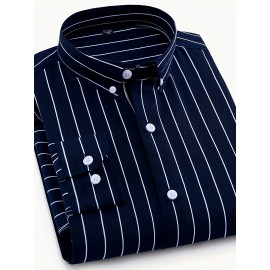 Camisa Masculina Casual Estilo Britânico Slim Fit de Manga Longa - Listras Verticais Azul e Branco com Gola Quadrada, Botões e Barra em V para Uso Externo & Casual em Todas as Estações, Tecido Não Elástico