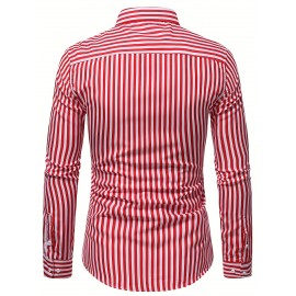 Camisa Masculina Casual Estilo Britânico Slim Fit de Manga Longa - Listras Verticais Azul e Branco com Gola Quadrada, Botões e Barra em V para Uso Externo & Casual em Todas as Estações, Tecido Não Elástico
