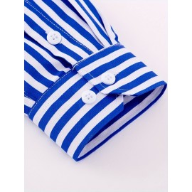 Camisa Masculina Casual Estilo Britânico Slim Fit de Manga Longa - Listras Verticais Azul e Branco com Gola Quadrada, Botões e Barra em V para Uso Externo & Casual em Todas as Estações, Tecido Não Elástico