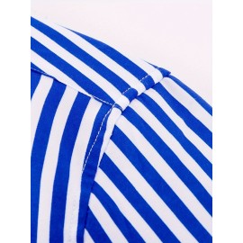 Camisa Masculina Casual Estilo Britânico Slim Fit de Manga Longa - Listras Verticais Azul e Branco com Gola Quadrada, Botões e Barra em V para Uso Externo & Casual em Todas as Estações, Tecido Não Elástico