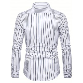 Camisa Masculina Casual Estilo Britânico Slim Fit de Manga Longa - Listras Verticais Azul e Branco com Gola Quadrada, Botões e Barra em V para Uso Externo & Casual em Todas as Estações, Tecido Não Elástico