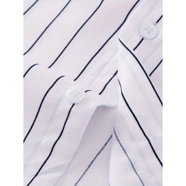 Camisa Masculina Casual Estilo Britânico Slim Fit de Manga Longa - Listras Verticais Azul e Branco com Gola Quadrada, Botões e Barra em V para Uso Externo & Casual em Todas as Estações, Tecido Não Elástico