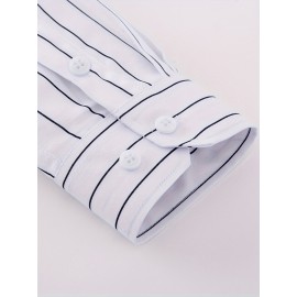Camisa Masculina Casual Estilo Britânico Slim Fit de Manga Longa - Listras Verticais Azul e Branco com Gola Quadrada, Botões e Barra em V para Uso Externo & Casual em Todas as Estações, Tecido Não Elástico