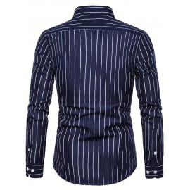 Camisa Masculina Casual Estilo Britânico Slim Fit de Manga Longa - Listras Verticais Azul e Branco com Gola Quadrada, Botões e Barra em V para Uso Externo & Casual em Todas as Estações, Tecido Não Elástico